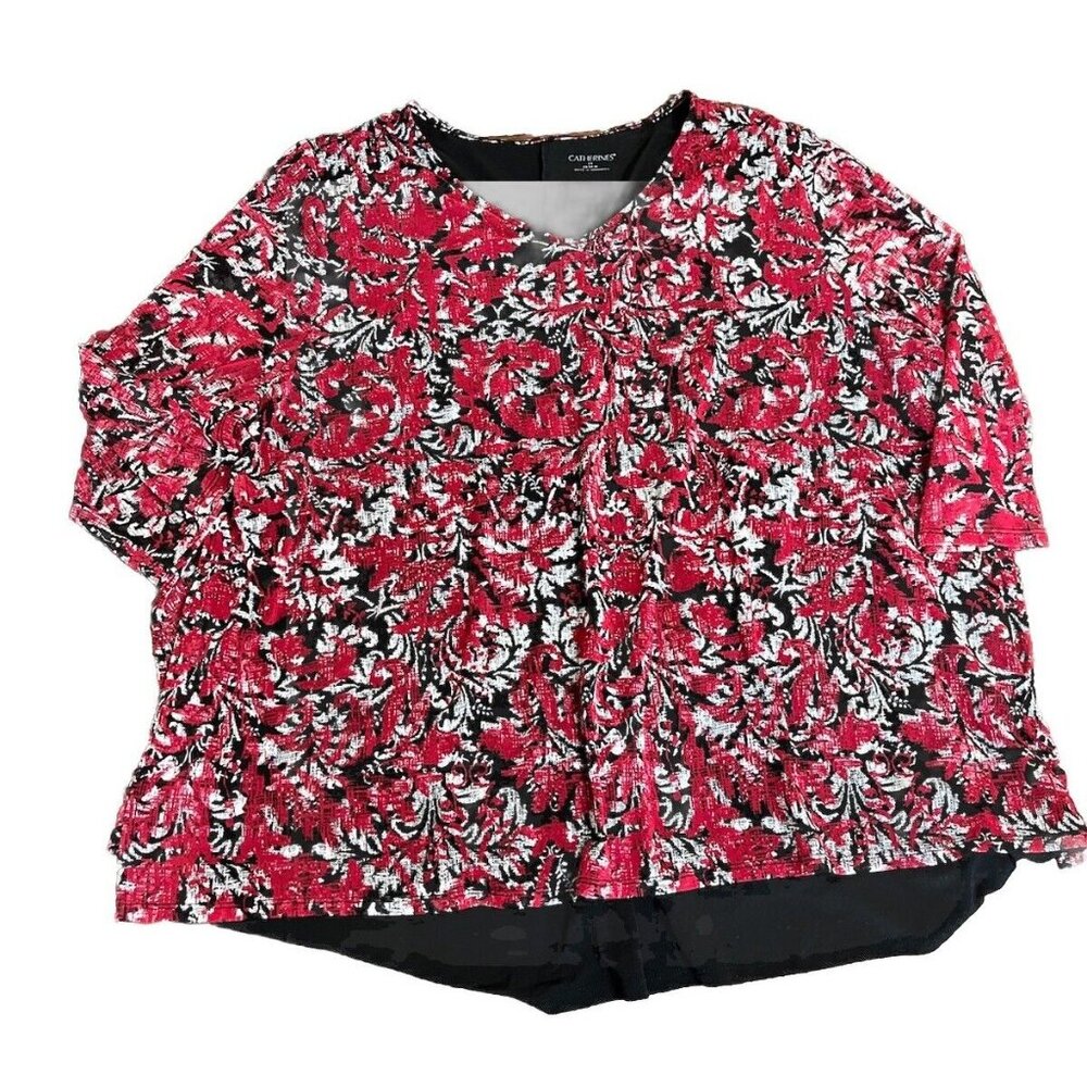 Catherines Top Blouse Tunic Red Black White Size 2x Paisley Floral Leaf - Picture 1 of 8